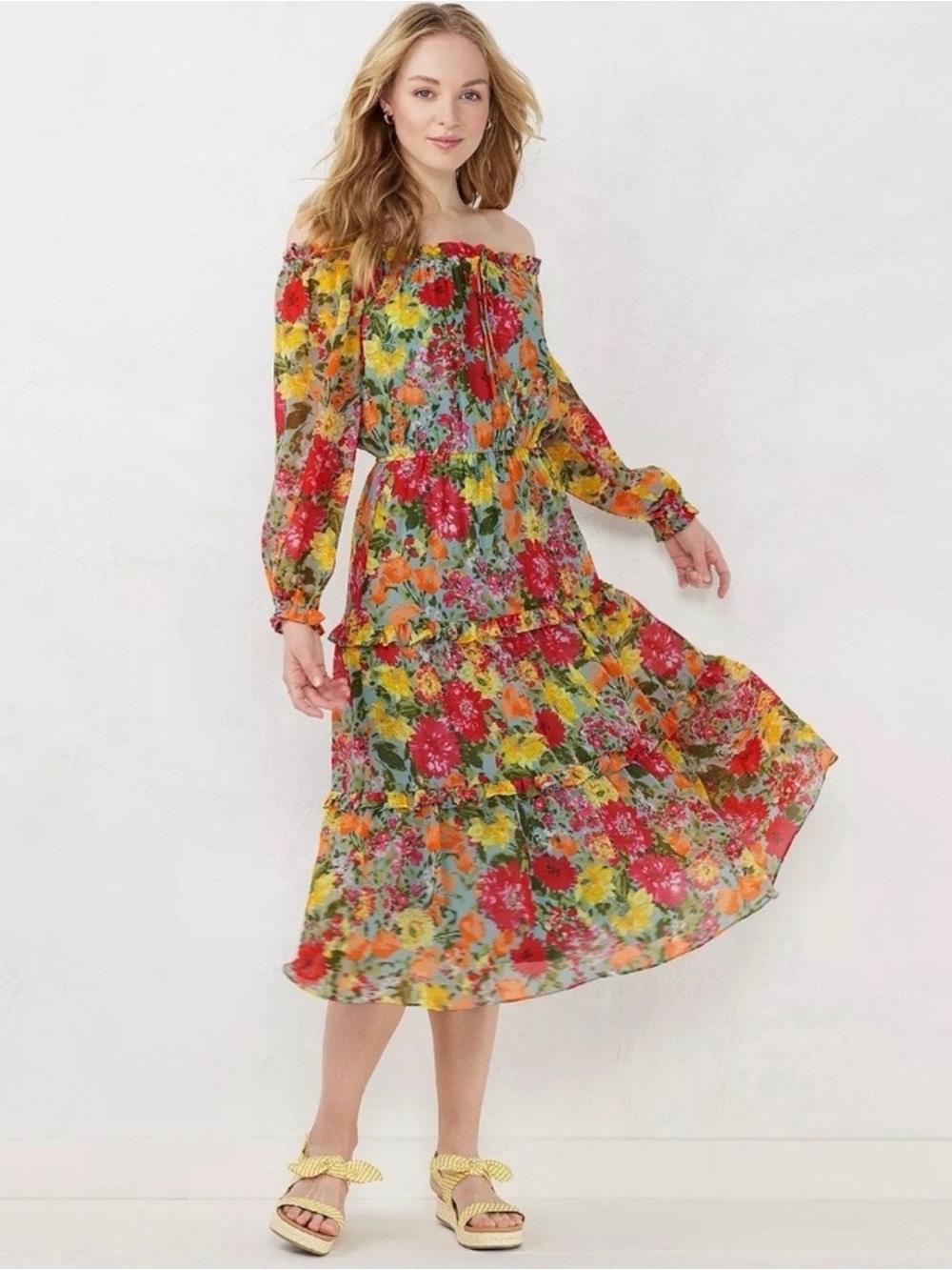 Lauren Corad Floral Off-Shoulder Tiered Midi Dress - Multicolor
